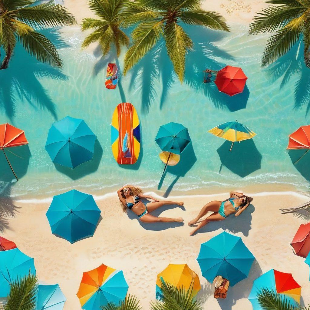 A stunning beach scene featuring a diverse group of stylish women showcasing trendy bikinis in various vibrant colors and patterns. Capture the essence of a sunny day with bright blue skies, soft golden sands, and clear turquoise water. Include elements like beach umbrellas, surfboards, and tropical palm trees to evoke a fun, beach lifestyle vibe. The women should exude confidence and joy, engaging in activities like sunbathing and playing beach volleyball. super-realistic. vibrant colors. summer aesthetic.